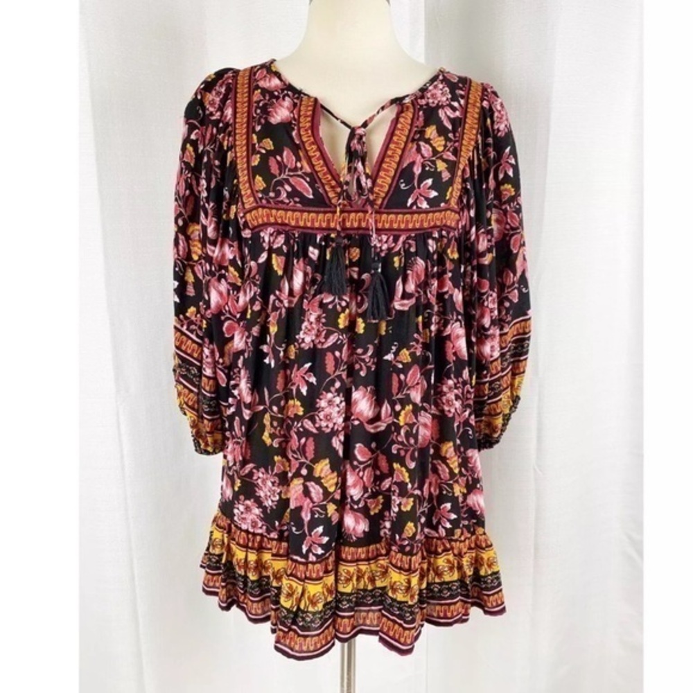 New Rachel Zoe Boho Peasant Floral Tunic Top Ballon Sleeve Orange Brown Size M